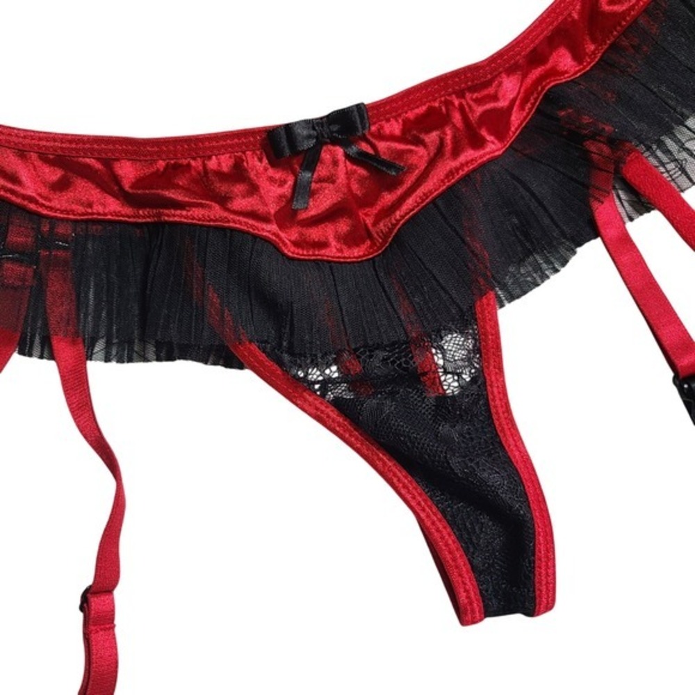 Oh La La Cheri Tres Sexy Red Black Satin Womens Panties‎ L Thong Lace Ruffles - Picture 2 of 5